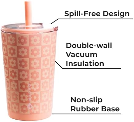 HydroJug Everyday Tumbler 14 oz, Ceramic-Lined Straw Cup, Daisy Checkers