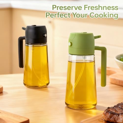 2Pcs Glass Oil Sprayer for Cooking 16oz/470ml, Kitchen Gadget for Air Fryer, Salad, BBQ, Frying(White) (Black+Green)