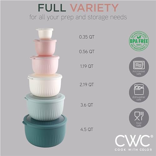 COOK WITH COLOR Prep Bowls with Lids- Wide and Deep Nesting Plastic Small Mixing Bowl Set with Lids, 12 Piece Set - Deep Bowls, Teal and Pink