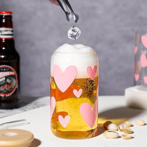 DWTS DANWEITESI Glass Cups with Lids and Straws with Design Pink Hearts 4 pcs,Clear Glass Cups 16 oz-Glass Tumbler,Cute Glass Iced Coffee Cups with Lids and Straws 480ml