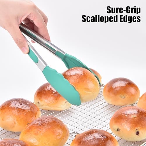 Doosu Kitchen Tongs with Silicone Tips for Cooking Serving (9+12in, Aqua)