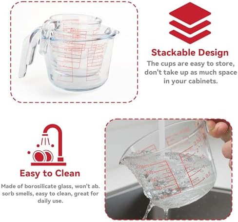 6 Pcs Glass Measuring Cups, 1-Cup (No Lid), 2-Cup/4-Cup with Lids