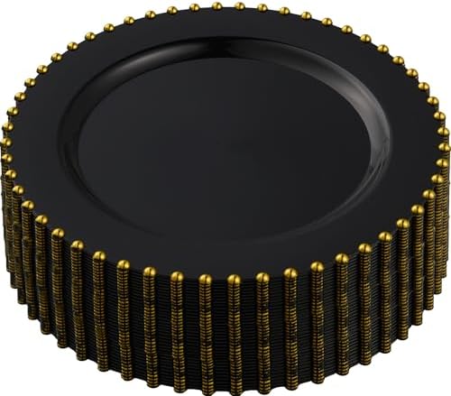 PLASTICPRO 128 Piece Combo Plastic Dinner Plates Disposable Plastic Fancy Heavy Duty Party Dishes 7 inch and 10 inch, Black and Gold Beaded