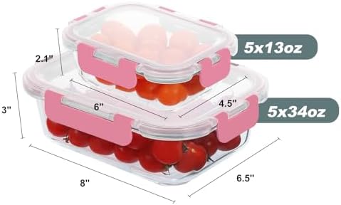 KOMUEE 10 Pack Glass Food Storage Containers with Lids, Pink