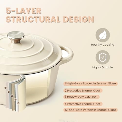 5 Qt Enameled Cast Iron Dutch Oven with Lid, Cream
