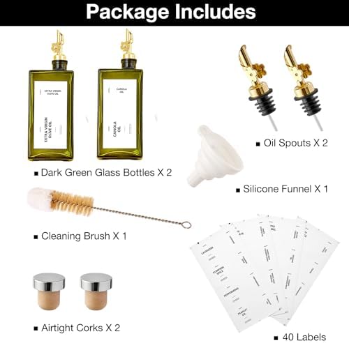 Olive Oil Dispenser Bottle for Kitchen, 16.9oz /500ml Cooking Vinegar Dispenser Bottle Set, Glass Sauce Container, Labels, Brush, Funnel, Stoppers, Green for Oil, Wine