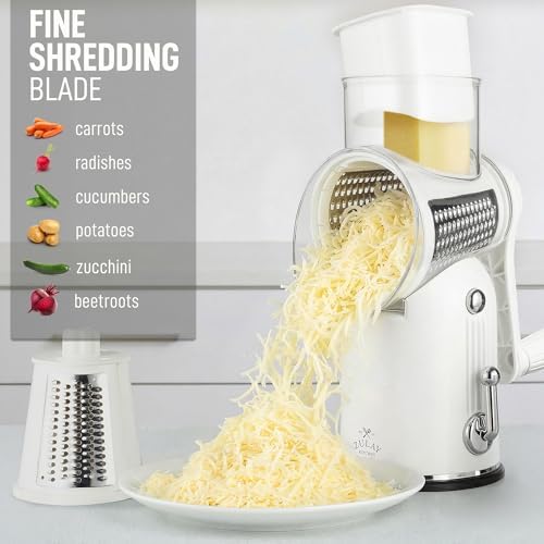 Rotary Cheese Grater Manual Hand Crank 5 Blade Shredder, Classic White