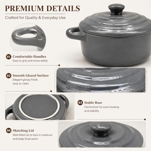 Mini Dutch Oven Set of 4, 14 oz Ceramic Mini Dutch Ovens with Lids and Handles, Ramekins with Lids for French Onion Soup, Pot Pies, Soufflés and Baked Desserts, Oven Microwave Dishwasher Safe, Mini Cocotte, Grey