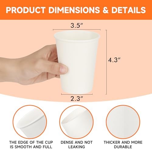 METAPRINT 100 Pack 12 oz Disposable Paper Coffee Cups, White