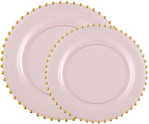 PLASTICPRO 32 Piece Combo Plastic Dinner Plates Disposable Plastic Fancy Heavy Duty Party Dishes 7 inch and 10 inch, Translucent Pink and Gold Beaded
