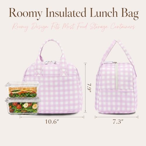 LOVELYWIND Lunch Bag for Women, Insulated Lunch Box, Purple Gingham Tote