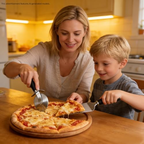Premium Pizza Cutter Wheel and Server Set, Sharp Blade For Cutting Through Crusts, Pies and More, Built In Finger Guard for Safety and Comfort Grip to Protect Fingers, Dishwasher Safe