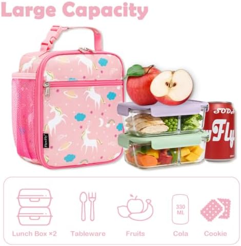 FlowFly Kids Lunch box Insulated Soft Bag Mini Cooler Back to School Thermal Meal Tote Kit for Girls, Boys, Unicorn