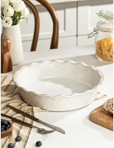 Deep Pie Dish for Baking, Ceramic Pie Pan for Apple Pie, Tart, Quiche Baking Dish, Farmhouse Decor Pie Plate, Deep Dish Pie Pan, Oven Safe, Off-White, Flower