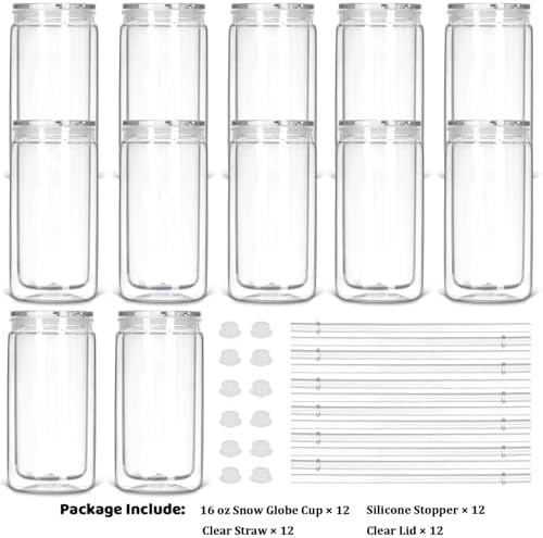 12 Pack Plastic Snow Globe Tumbler with Pre Drilled Hole, 16 Oz Double Wall Plastic Can with Lid and Straw, Mason Jar Mug for Snow Globe Glitter DIY Gift (Clear)