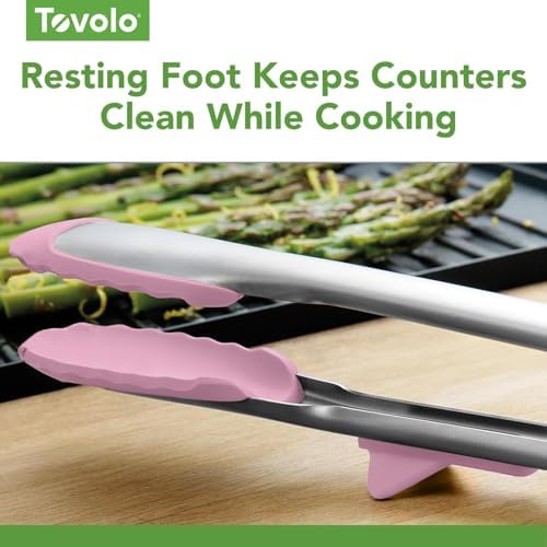 Tovolo Tongs With Silicone Tips Easy Grip 13" Long Kitchen Tongs Stainless Steel Handle For Cooking, Non Scratch Heat Resistant Locking Tongs Silicone Tipped Dishwasher Safe BPA Free, Pink Sorbet