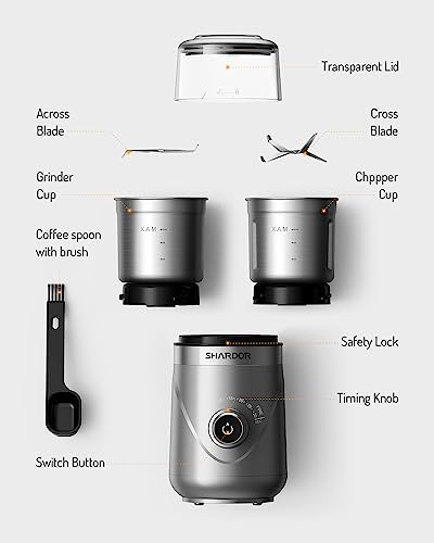 SHARDOR Electric Super Silent Blade Coffee Grinder, Timed Grind Control Rotary Knob, Adjustable Coarse to Fine for Coffee Beans, Spices & Herbs, with 2 Removable Stainless Steel Bowl, Sliver