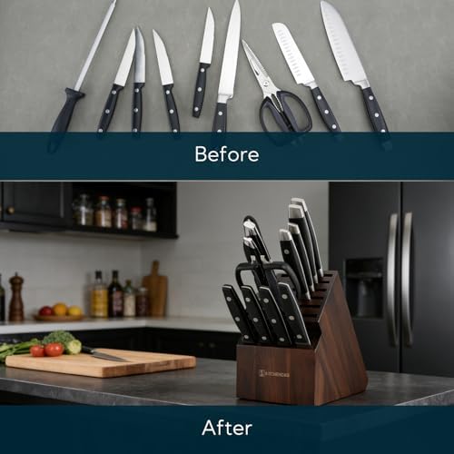 KITCHENDAO 20 Slot Black Walnut Wood Knife Block without Knives, Universal Knife Holder for Kitchen, Holding Multiple Types of Knives, Countertop Butcher Block Knife Stand for Easy Kitchen Storage