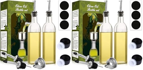 AOZITA 4 Pack 17 oz Glass Olive Oil & Vinegar Dispenser Bottle Set - 500ml Clear Cruet Bottle with Pourers, Funnel and Labels - Olive Oil Carafe Decanter for Kitchen
