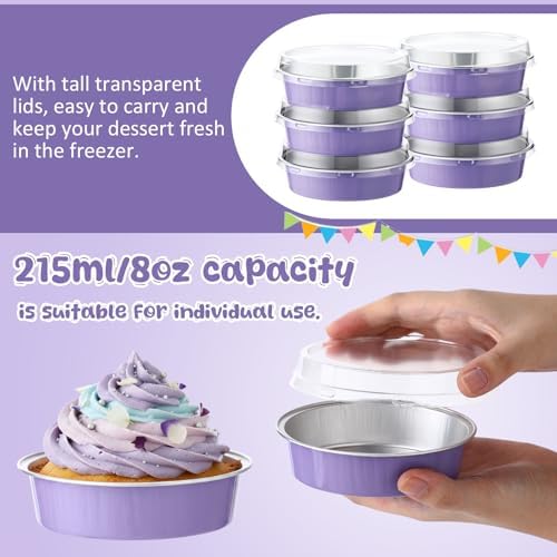 Yinder 8 oz Disposable Creme Brulee Ramekins with Lids, 4 Inch Mini Pie Tins Aluminum Foil Pie Tart Cake Baking Pans Individual Round Containers Oven Safe(Taro Purple,120 Pcs)