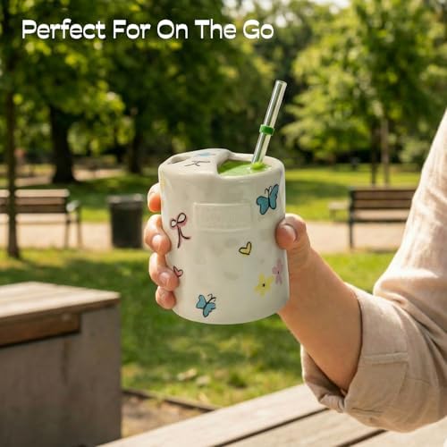 Ceramic Travel Mug with Half Lid, Handmade Butterfly Pottery Mug
