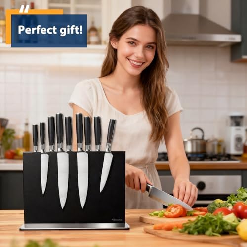 Magnetic Knife Block Stand Without Knives Stainless Steel 12 Inch Black Double Sided Home Kitchen Organizer Storage Knife Holder Board for Counter Top with Strong Magnets