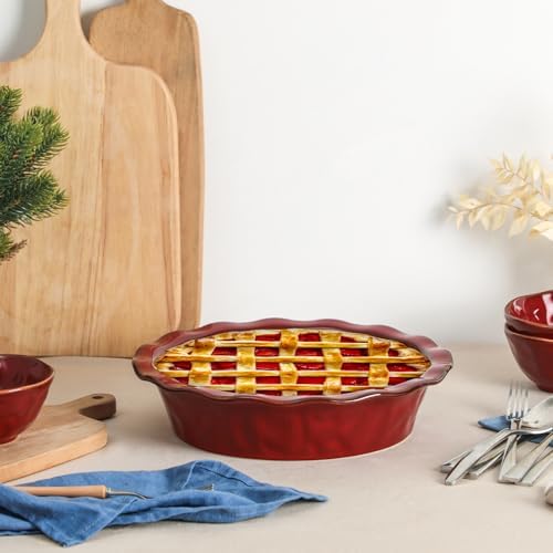 vicrays Ceramic Pie Pan for Baking - 9 inch Pie Plate, Round, Fluted and Deep Pie Dish for Tart, Pizza, Apple Pie, Quiche, Pot Pies, Cake - Reactive Glaze (Cherry Red)