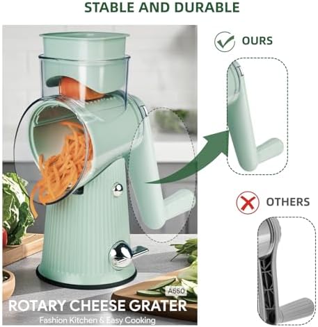 Rotary Cheese Grater with Handle - Vegetable Shredder with 5 Blades & Strong Suction Base, Round Slicer & Food Chopper for Kitchen (Green)
