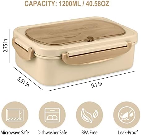 Bento Box for Adult, 1200 ML Lunch Containers, LeakProof Lunch Box with Utensils, BPA Free, 3 Compartment Bento Box Microwave Safe, Khaki