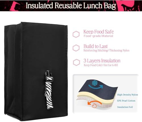 SUNNY BIRD Insulated Lunch Bag Rolltop Lunch Box (Black with white strap)