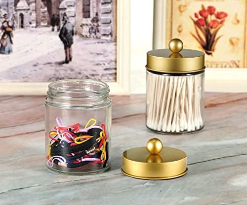 Amolliar Glass Apothecary Jar Qtip Holder Metal Lids 4pc/Gold