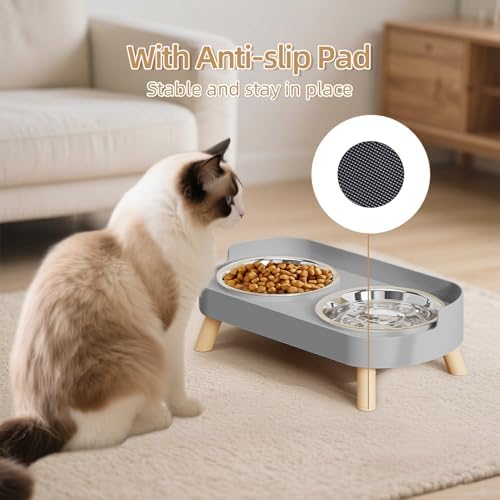 Elevated Cat Bowl, Raised Cat Food and Water Bowl Set for Indoor Cats, Splash Proof with 2 Stainless Steel Pet Food Bowls for Cats and Puppies, Whisker Fatigue and Dishwasher Safe - Grey