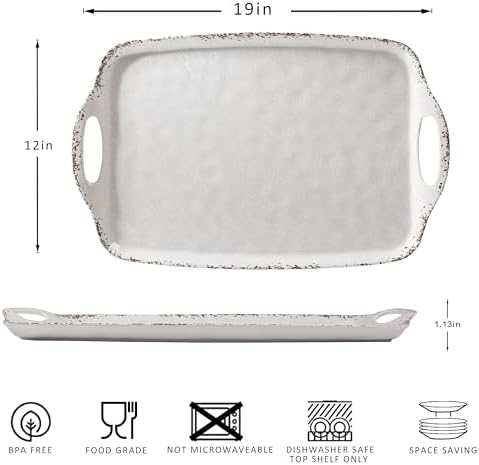 Farmhouse Melamine Serving Tray with Handles, Set of 2, 19"x12" Extra Large Rectangular Turkey Serving Platter, Serving Food Trays for Entertaining, Christmas,Thanksgiving,Party, Ivory