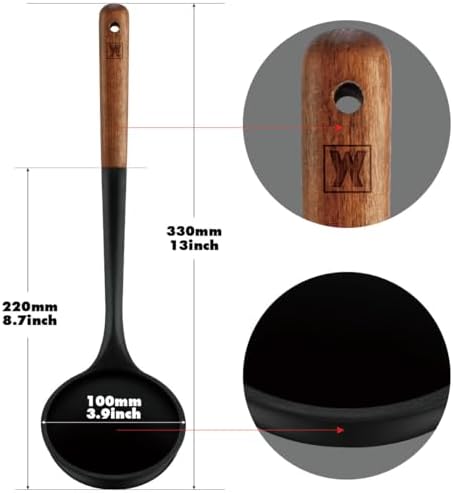 Cooking Ladle: Silicone Kitchen Utensil with Long Wooden Handles, Heat Resistant Cookware, Protects Surfaces with Gentle Head Design, Portion Batter, Professional Chef Wok Soup Ladle