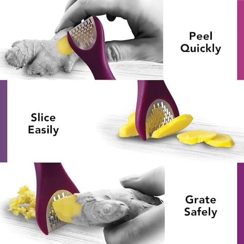 Talisman Designs 3-in-1 Ginger Peeler | Grater & Sliver | Grate Ginger, Garlic, Turmeric & Nutmeg | Easy to Use Kitchen Utensil Tool | Stainless Steel Hand Held Grater