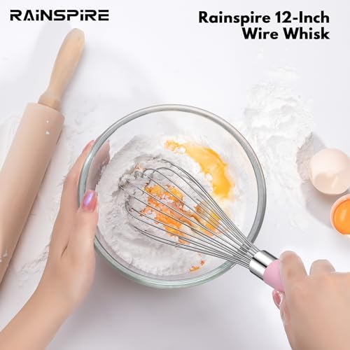 Rainspire 9" 10" 12" Wire Whisk Stainless Steel, Balloon Whisks for Cooking, Wisk Wisking Tool With Soft Silicone Handle, Thick Durable Whisker for Blending, Beating, Whisking, Stirring, Pink