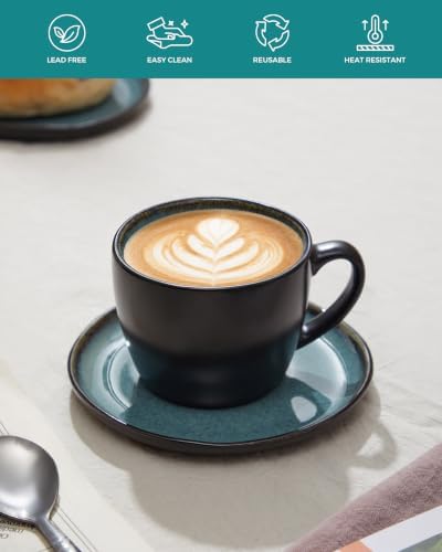 Pokini Stoneware Coffee Cups with Saucers, Cappuccino Cups, Mugs Set of 4