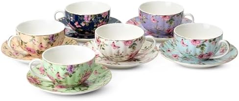 BTaT- Floral Tea Cups and Saucers Set of 6 (7 oz), Porcelain Tea Cups Set of 6, Modern Midnight Floral Design with Gold Trim, Dishwasher & Freezer Safe (Pack of 2)