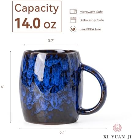 Deep Cobalt Ceramic Mug Set of 2, 14oz Reactive Glaze Coffee Mug
