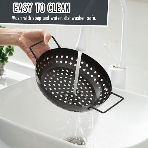 3 Pack Grill Topper Pans for Outdoor Grill, Stainless Steel Vegetables BBQ Grilling Basket with Holes Handles, Nonstick Barbecue Pan Grilling Gifts for Camping Picnic Cooking Seafood Meat