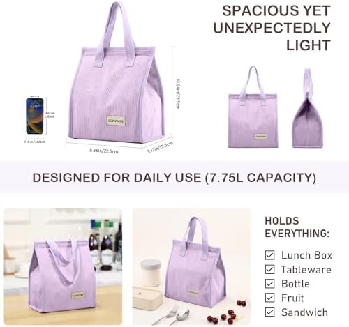TELLUMO Corduroy Insulated Lunch Bag, 7.75L Large Capacity Reusable Lunch Box, Cute Lunch Tote for Women Men, Leakproof Lunch Cooler for Work Picnic Travel (Corduroy Purple)