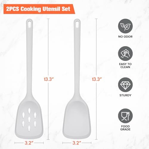 Silicone Spatula Set of 2 Pack, Heat Resistant Solid&Slotted Turner (GRAY)