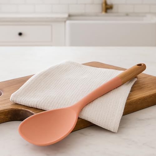 Beille 1pc Solid Cooking Spoon Beech Wood and Silicone Kitchen Utensils Meal Prep Baking Supplies Home Essentials, Coral