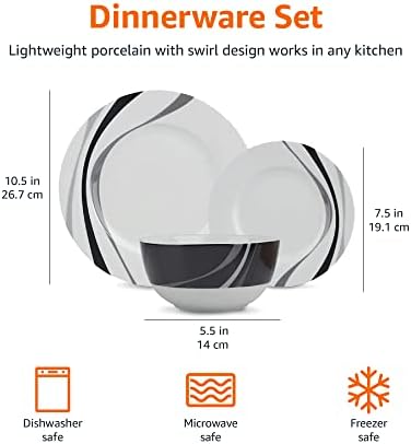Amazon Basics 18-Piece Complete Kitchen Dinnerware Set, Microwave and Dishwasher Safe, Plates, Dishes, Bowls, Swirl, Heat Resistant, Service for 6, Everyday Use