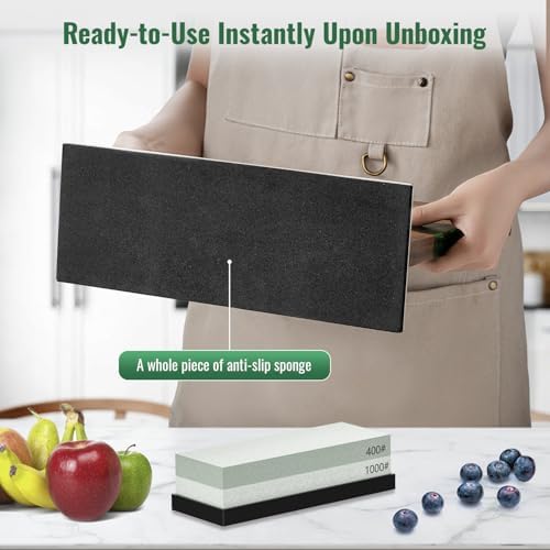 Magnetic Knife Block with Sharpening Stone and Stainless Steel Magnetic Knife Strip, Emojoy Double Side Magnetic Knife Holder, Acacia Wood Knife Block and Green Resin