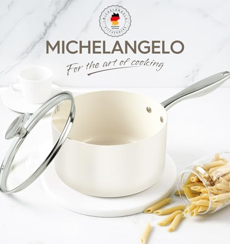 MICHELANGELO 1 Quart Saucepan with Lid, Nonstick Sauce Pan with Non-Toxic Ceramic Coating, Cream Sauce pan, 1 Qt Saucepans, Oven Safe