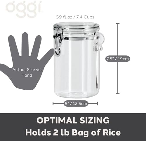 OGGI Clear Canister Airtight 61oz - Clamp Lid & Spoon - Airtight Food Storage Containers, Ideal for Kitchen & Pantry Storage of Bulk, Dry Food Including Flour, Sugar, Coffee, Rice, Tea, Spices & Herbs