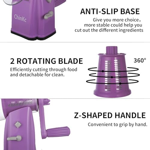 Upgrade Rotary Cheese Grater Shredder with Handle, Strong Suction Base, Multi-purpose Rotary Grater Slicer with 5 Interchangeable Blades for Ice, Vegetables, Fruit, Nuts with Blade Storage Box