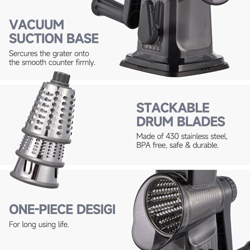 Rotary Cheese Grater with Handle Kitchen Shredder Slicer Grater Slicer Ice Shaver Cheese Vegetable Nuts Potato Zucchini Chocolate 3 Interchangeable Blades (Dark Grey TSP)
