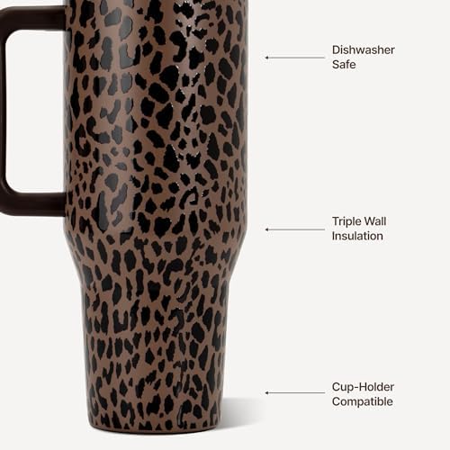 HydroJug Traveler 40oz, Insulated Tumbler with Handle & Straw, Brown Leopard